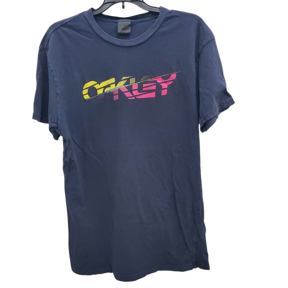Oakley Navy Blue Neon Pink Yellow Distress Logo Regular Fit Graphic Tee Unisex L - Picture 1 of 4